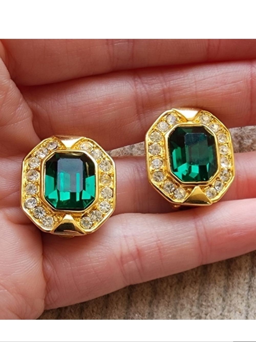 Gold Diamond and Emerald Classic Elegant CLIP Earrings